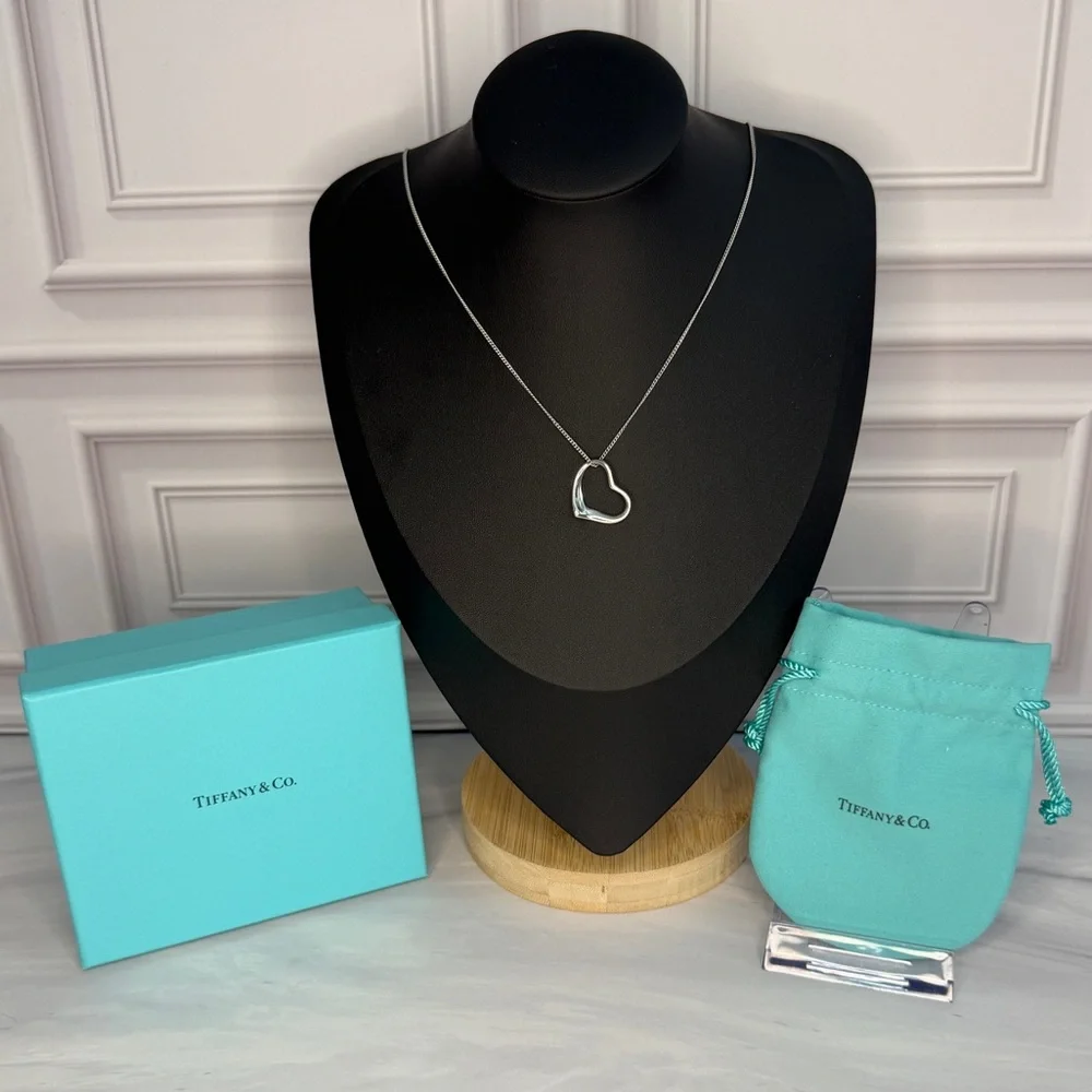 Tiffany & Co. Elsa Peretti Large Open Heart .925 Silver Necklace Full Set